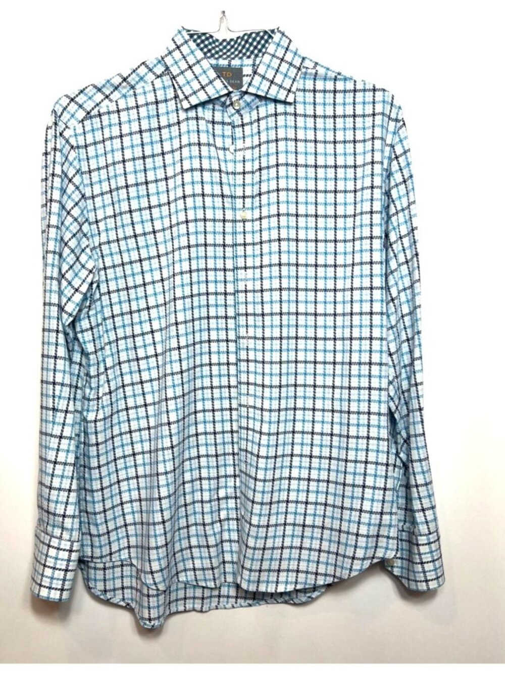 Thomas Dean Mens Plaid Button Down Shirt Large 100% Pima Cotton Blue / White